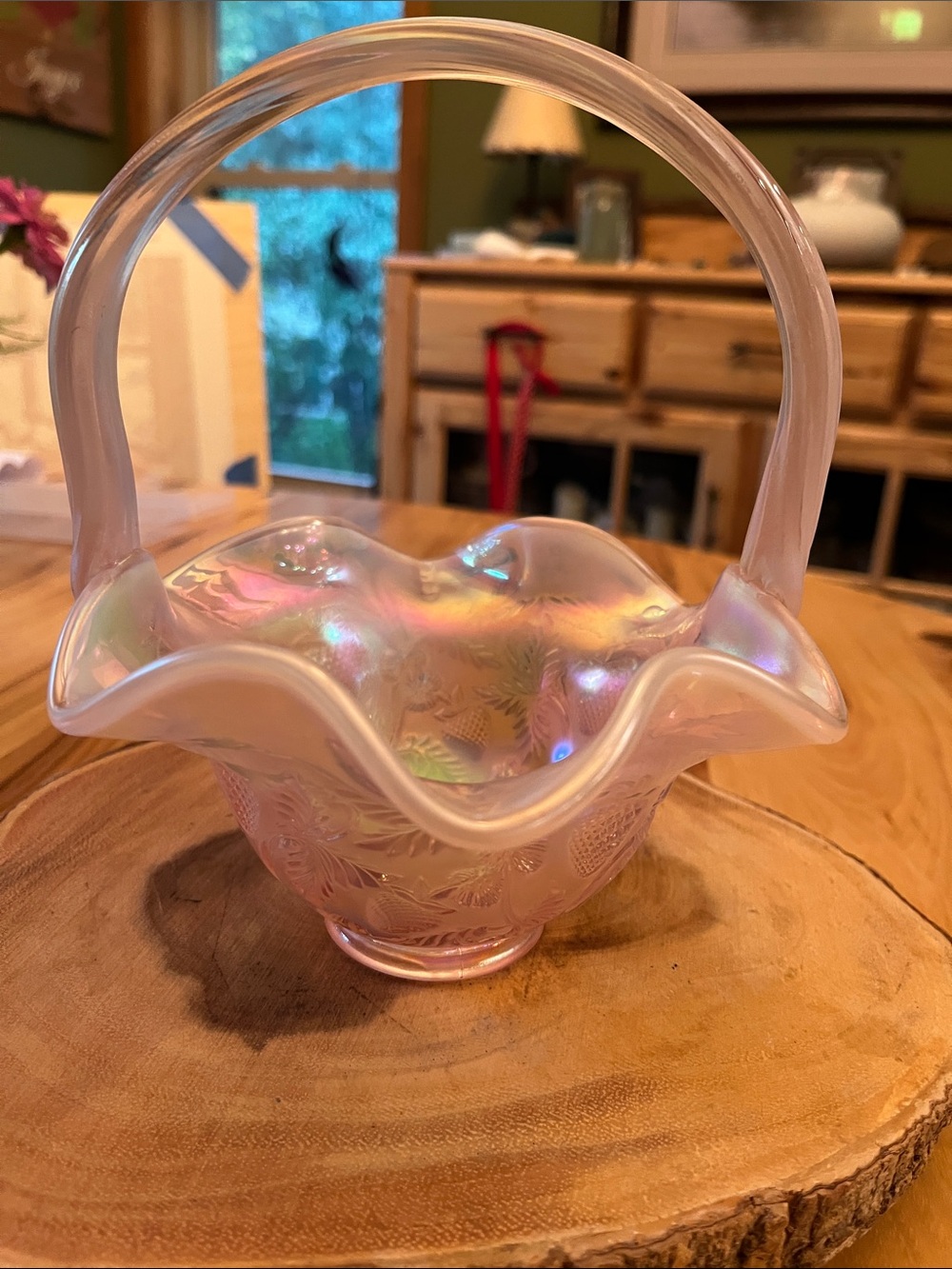 Fenton Iridescent Pink Glass Strawberry Basket with Ruffled Rim and Handle